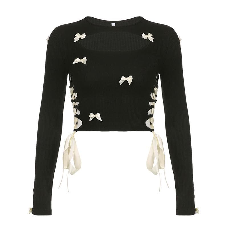 Bowknot long sleeve hollow out lace up contrast cut out top