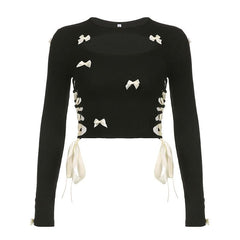 Bowknot long sleeve hollow out lace up contrast cut out top