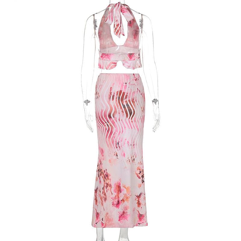 Halter print deep v neck ruffle midi skirt set