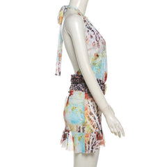 Irregular halter deep V neck print sheer mesh mini dress