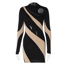 Long sleeve mesh contrast patchwork hollow out cut out mini dress