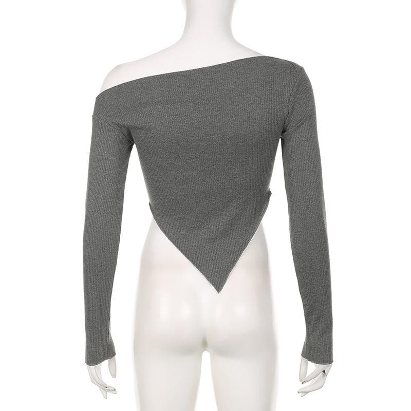 Long sleeve irregular slit off shoulder solid top