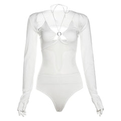 Long sleeve gloves o ring hollow out shrug 2 piece bodysuit