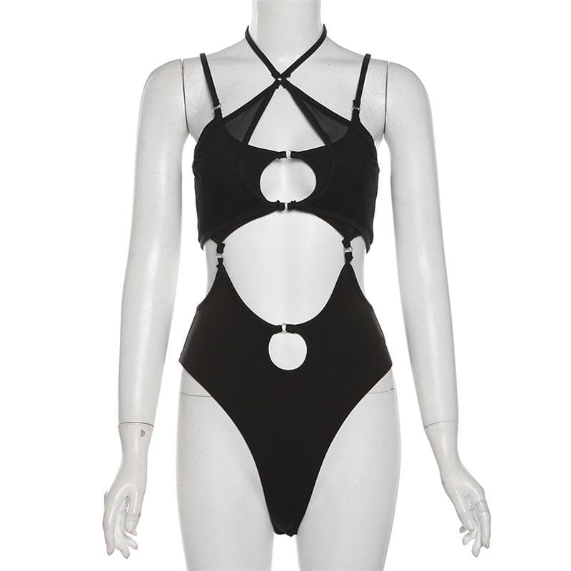 Halter cross front o ring hollow out bodysuit