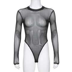Long sleeve sheer mesh striped bodysuit