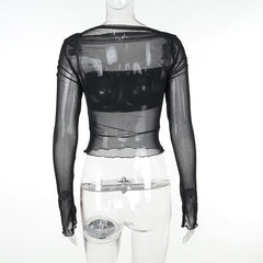 Long sleeve ruffle ruched mesh patchwork solid 2-way top