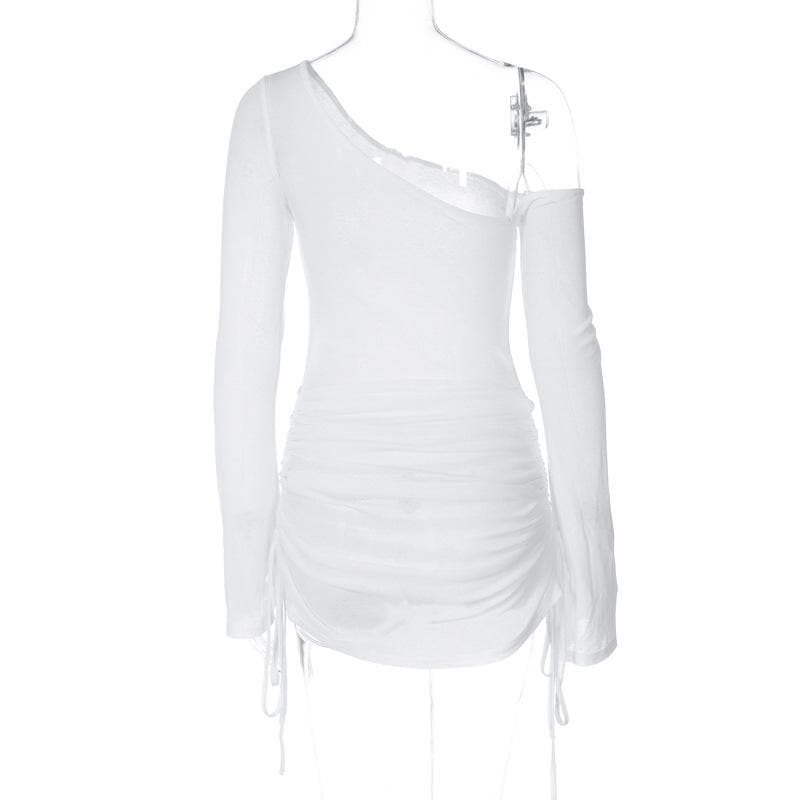 Long sleeve one shoulder drawstring ruched mini dress