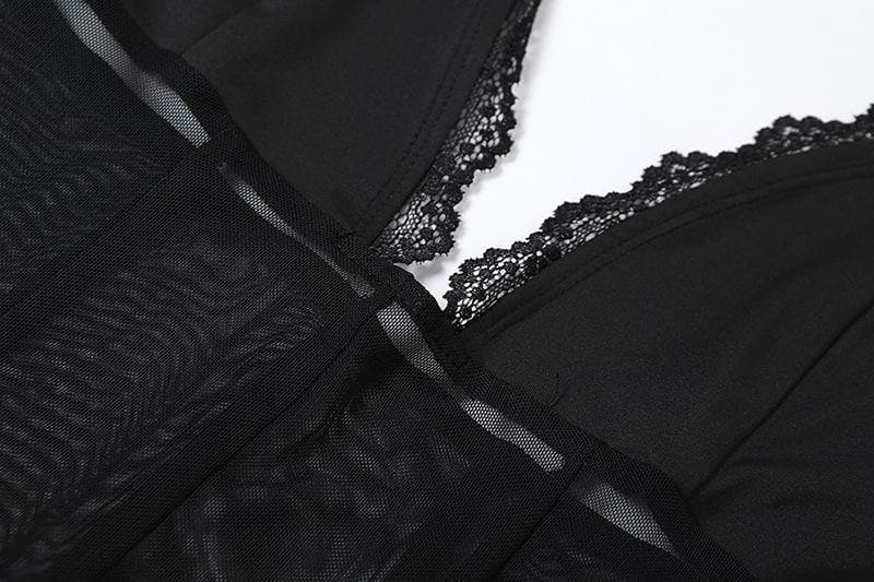 Halter v neck lace hem mesh see through stitch maxi dress- Final Sale