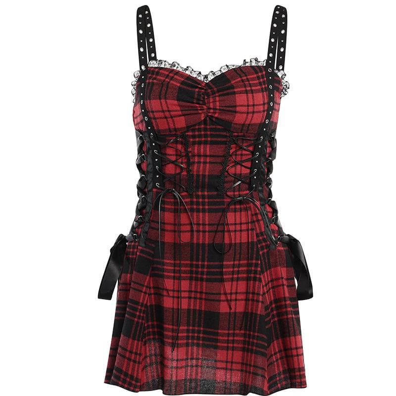 Backless ruched lace hem plaid lace up zip-up mini dress | victorian gothic dresses