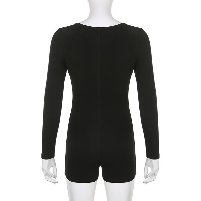 Long sleeve solid button u neck hollow out romper