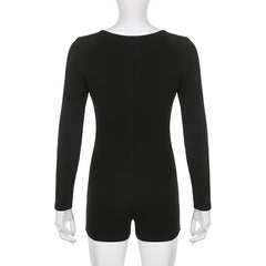 Long sleeve solid button u neck hollow out romper