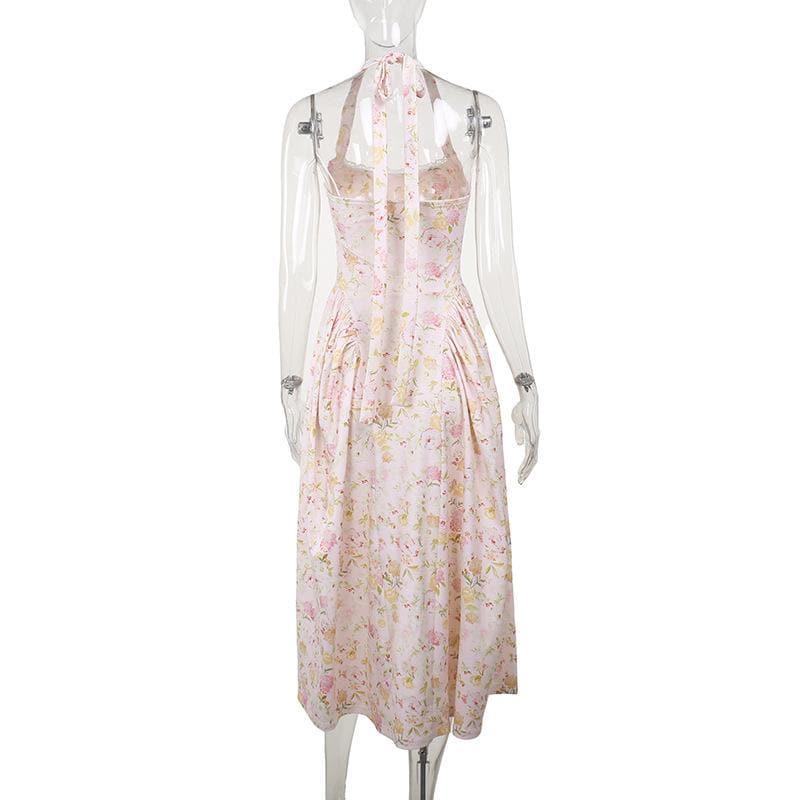 Halter ruched lace hem knotted flower print midi dress