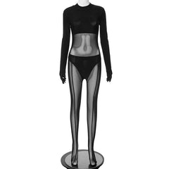 Gloves long sleeve mesh patchwork solid zip-up jumpsuit