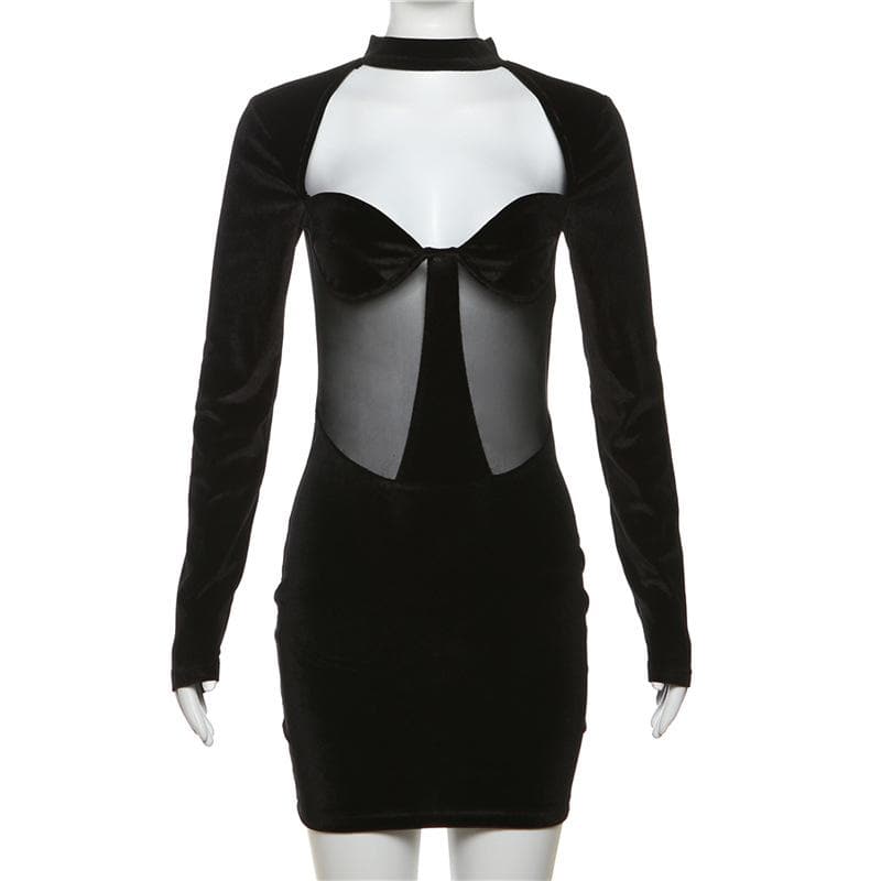 Long sleeve high neck velvet patchwork mesh mini dress