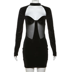 Long sleeve high neck velvet patchwork mesh mini dress