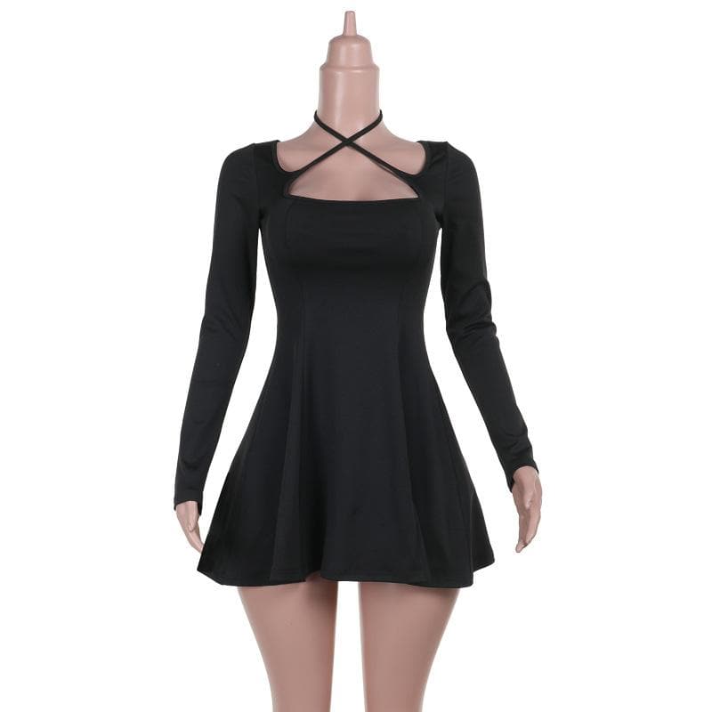 Long sleeve halter cross front solid mini dress