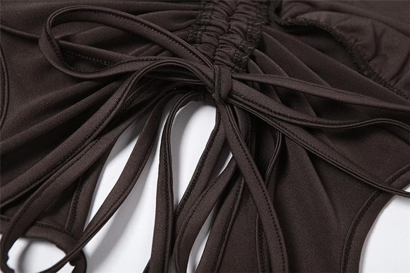 Long sleeves V neck halter ruched solid 2 piece top
