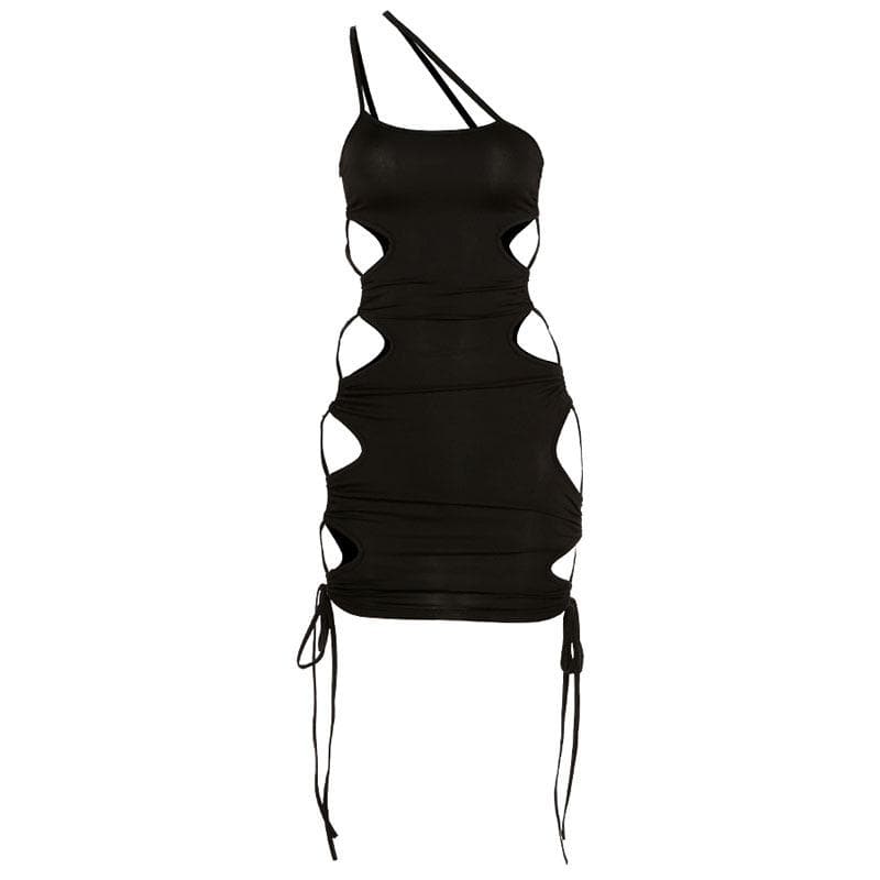 Hollow out one shoulder lace up drawstring low cut cut out mini dress