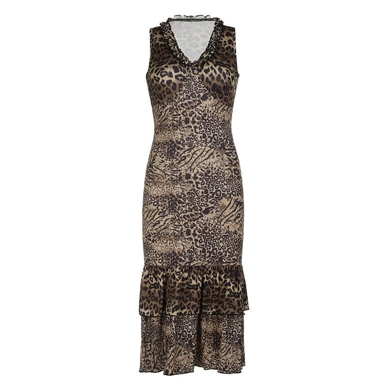 Leopard print v neck ruffle ruched midi dress