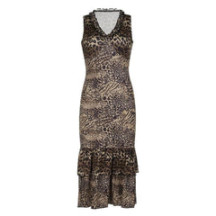 Leopard print v neck ruffle ruched midi dress