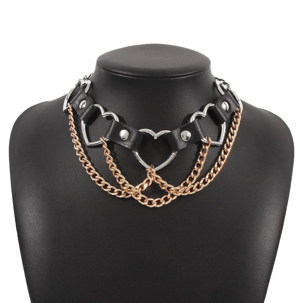 Heart ring PU chain layered choker necklace