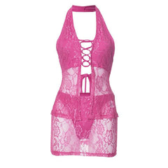 Halter lace knotted lace up mini skirt set