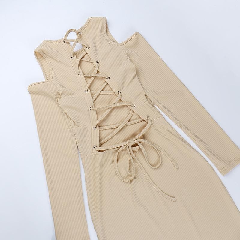 Long sleeve solid hollow out lace up self tie cut out mini dress