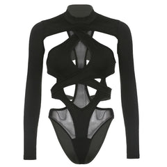 Long sleeves hollow out cross back bodysuit