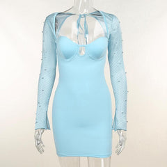 Long sleeve solid hollow out slit ruched beaded self tie backless cut out mini dress - Final Sale