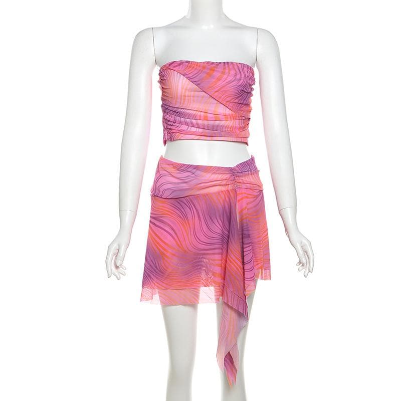 Backless tie dye ruffle tube mini skirt set