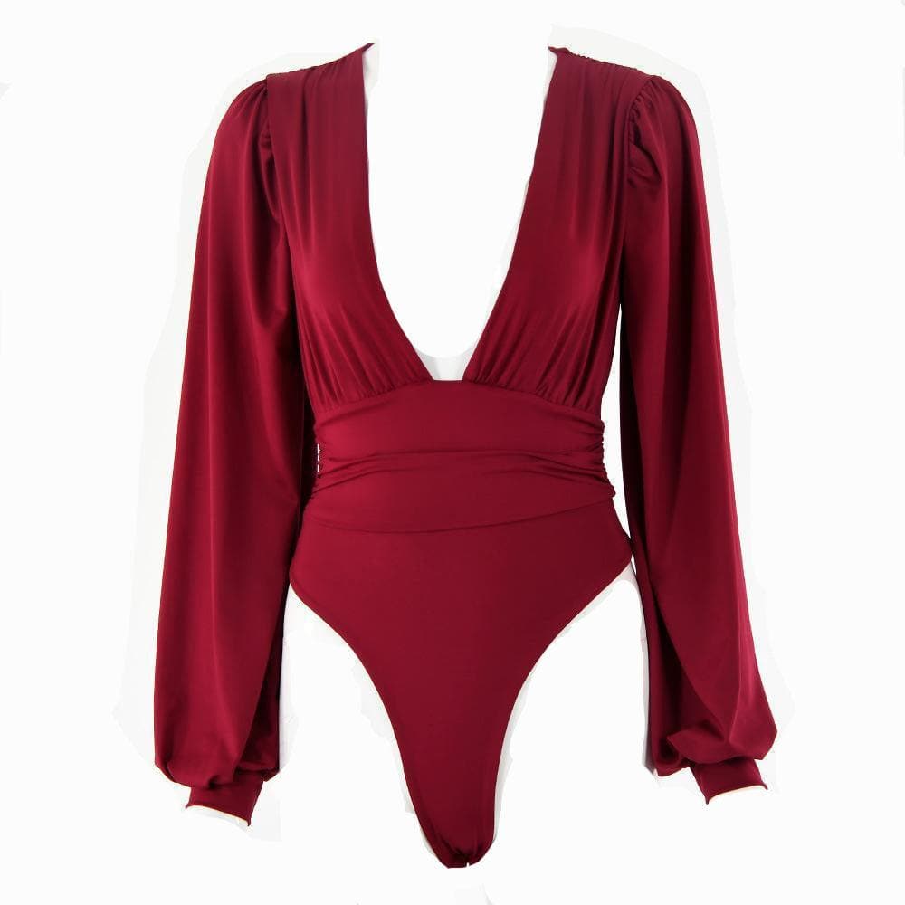 Halibuy Double layered deep v neck ruched solid bodysuit