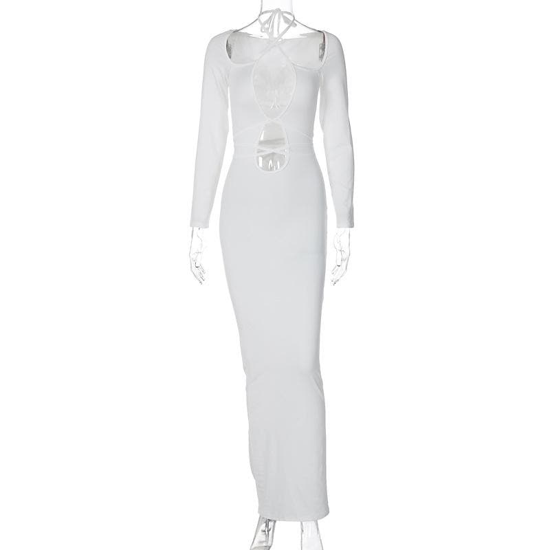 Hollow out self tie solid long sleeve cross front cut out maxi dress