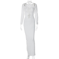 Hollow out self tie solid long sleeve cross front cut out maxi dress