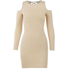 Long sleeve solid hollow out lace up self tie cut out mini dress