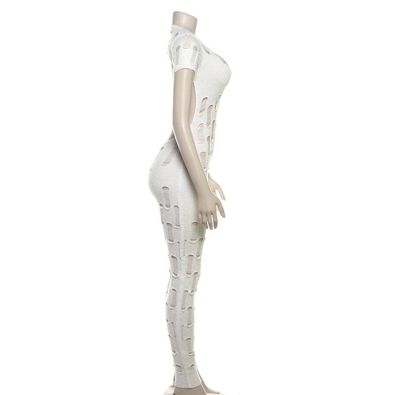 Hollow out short sleeve crewneck knitted backless jumpsuit