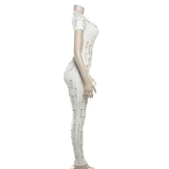 Hollow out short sleeve crewneck knitted backless jumpsuit