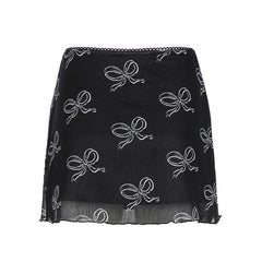 Bowknot print mesh mini skirt