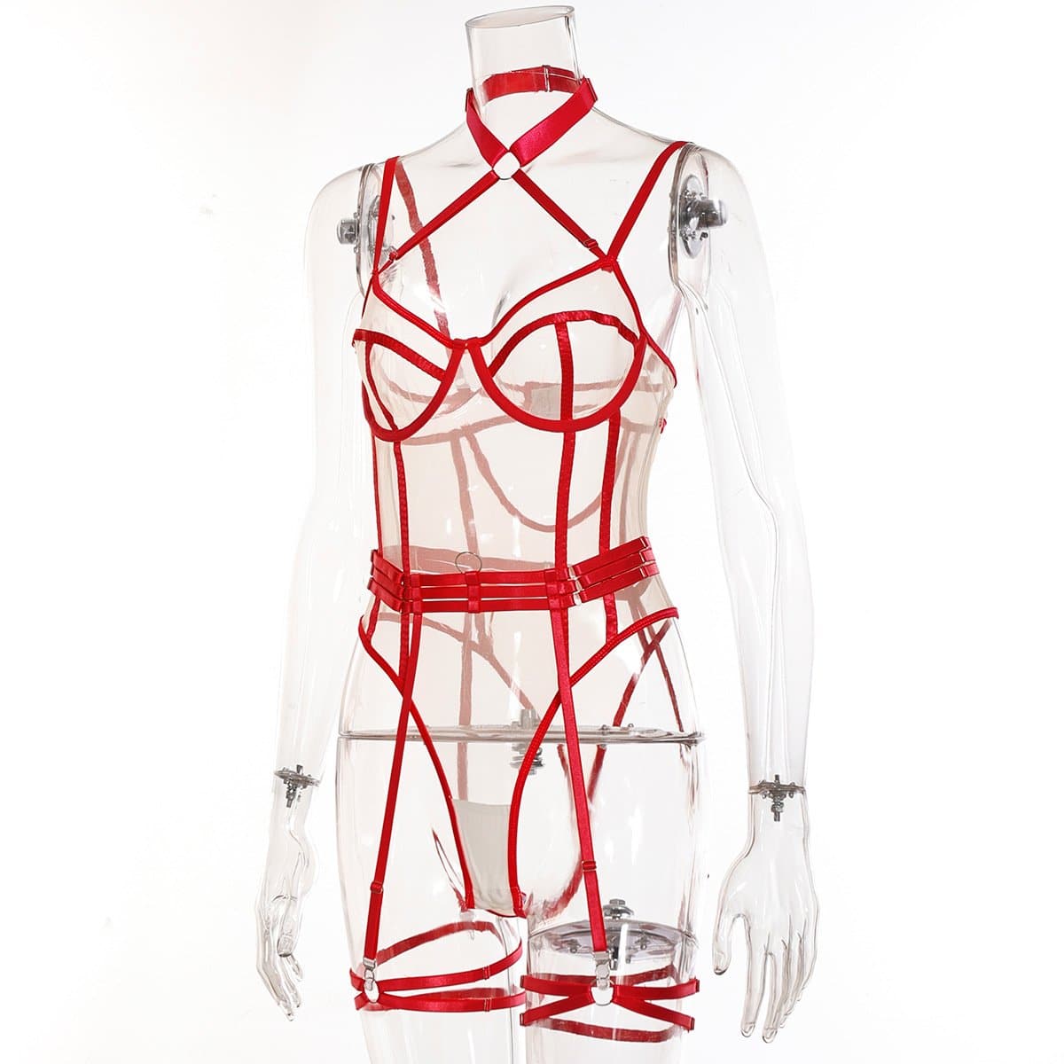 Mesh print garter o ring halter bodysuit