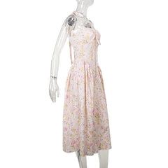 Halter ruched lace hem knotted flower print midi dress