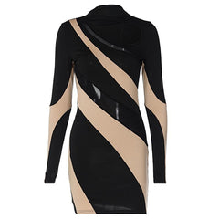 Long sleeve mesh contrast patchwork hollow out cut out mini dress