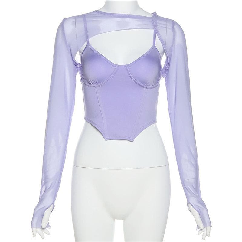 Long sleeve mesh see-through two piece set