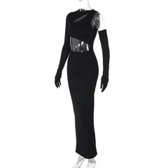 Long sleeve gloves irregular hollow out crewneck cut out maxi dress