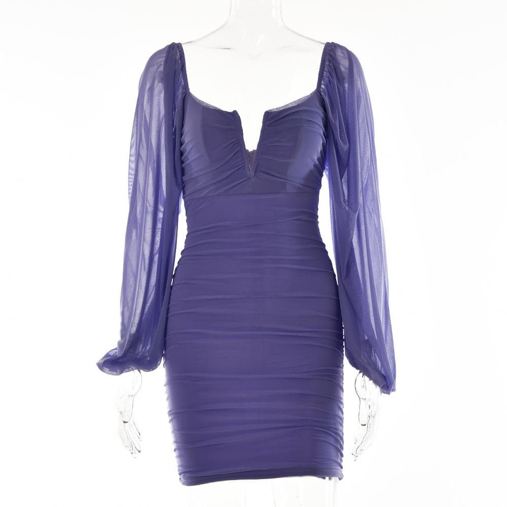 Mesh solid long sleeve ruched notch neck zip-up mini dress