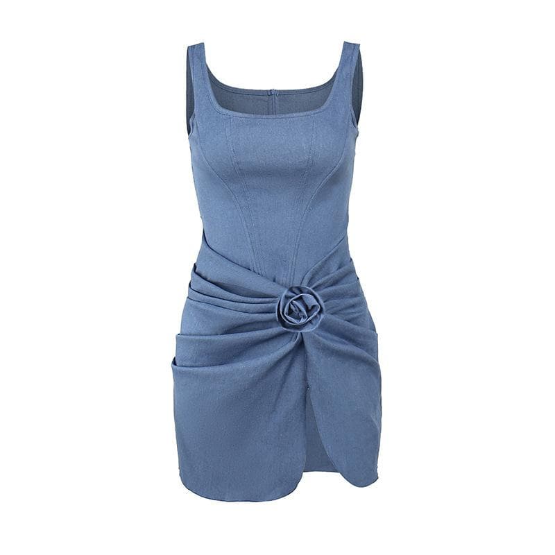 High slit bustier denim flower applique mini dress