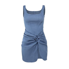 High slit bustier denim flower applique mini dress