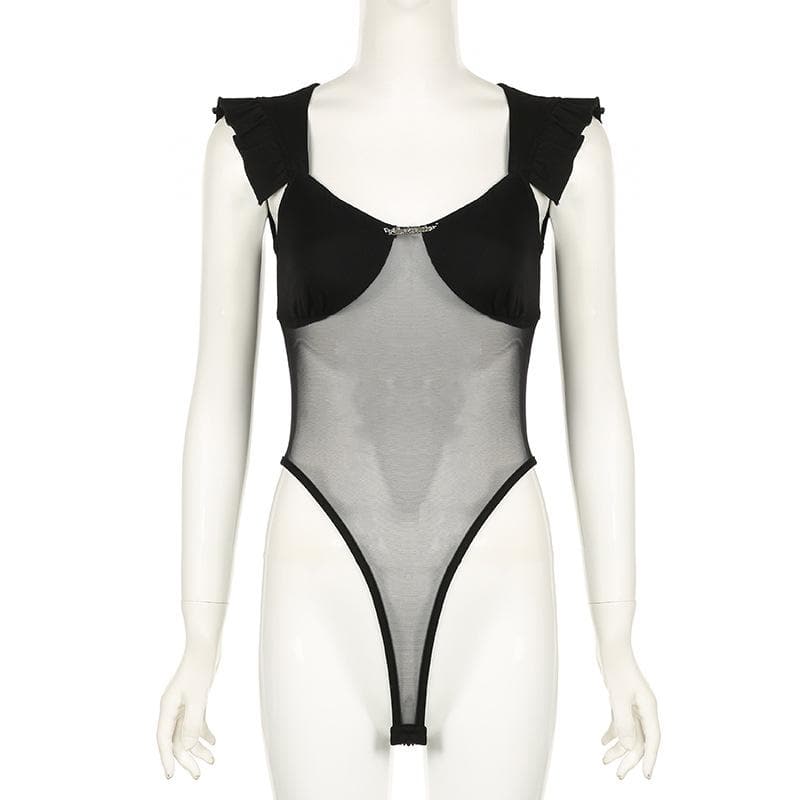 Mesh ruffle v neck metal tag bodysuit