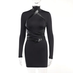 Long sleeve high neck cross front button zip-up mini dress