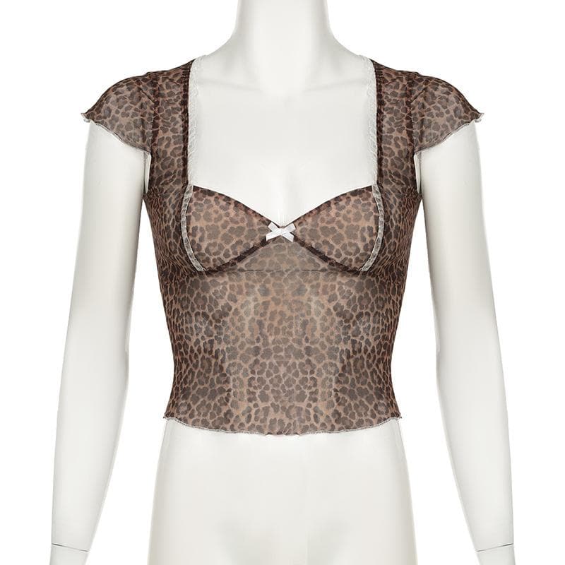 Leopard print short sleeve bowknot mesh top