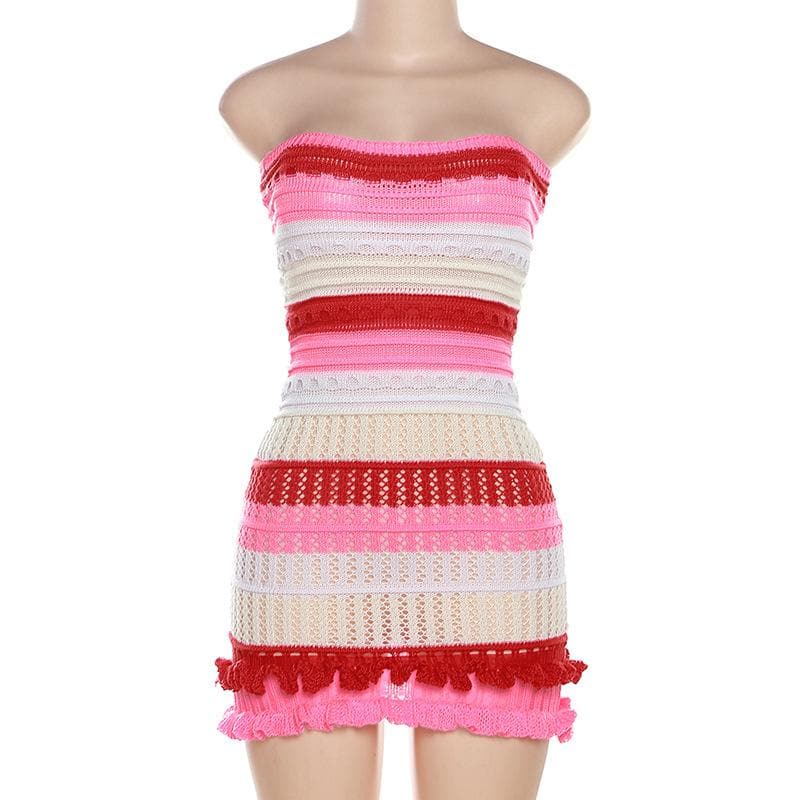 Backless ruffle contrast striped crochet tube dress