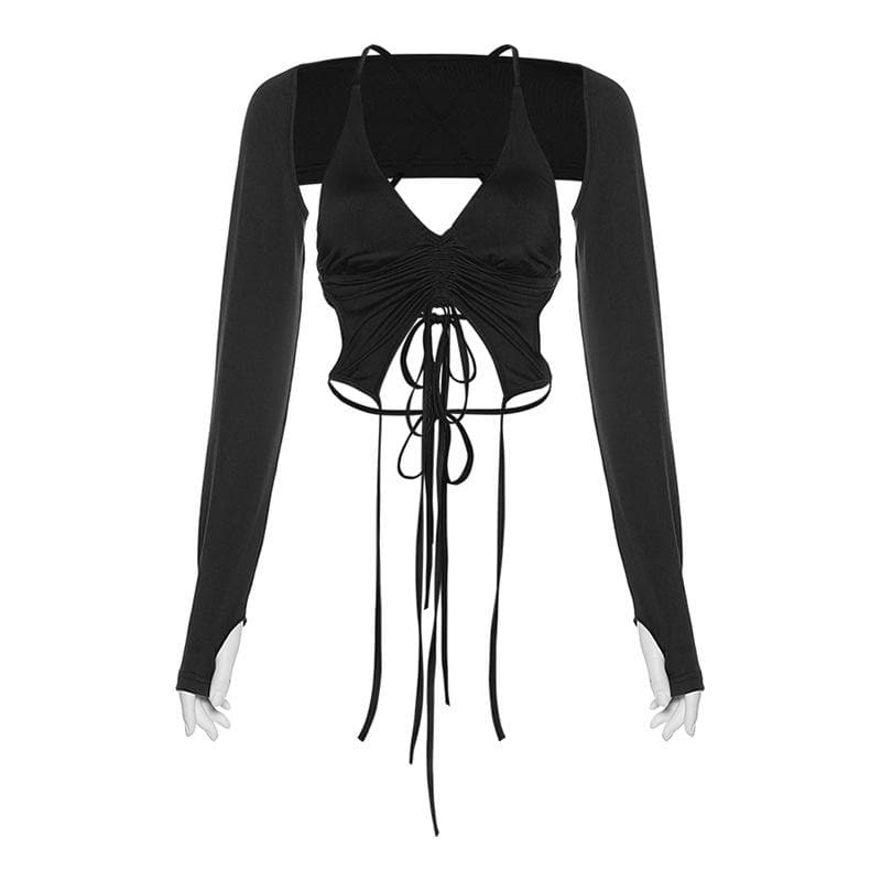 Long sleeves V neck halter ruched solid 2 piece top